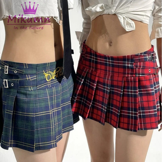 Harajuku Preppy Style Plaid Pleated Skirts Women Y2k Aesthetic Metal Buckle Low Waist Sexy Fashion Mini Short Skirt Streetwear